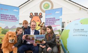 The Minister of State for the Diaspora and International Development, Joe McHugh, TD, joined pupils at Scoil Naomh Fiachra, Letterkenny, Co Donegal, today to launch the 2017 Our World Irish Aid Awards. Students from left are Ava Doherty, Kevin Condron, Adam Chambers and  Ilinca Costan.    The Awards invite pupils across Ireland to create projects about the challenges facing children in developing countries and the role played by Ireland, through Irish Aid, the Government’s programme for overseas development, in the global effort to fight poverty.  Schools are provided with online and print curriculum linked teaching and learning materials, and pupils communicate their ideas and understanding of the issues in writing, song, film, artwork or any medium they choose. Photo Clive Wasson.